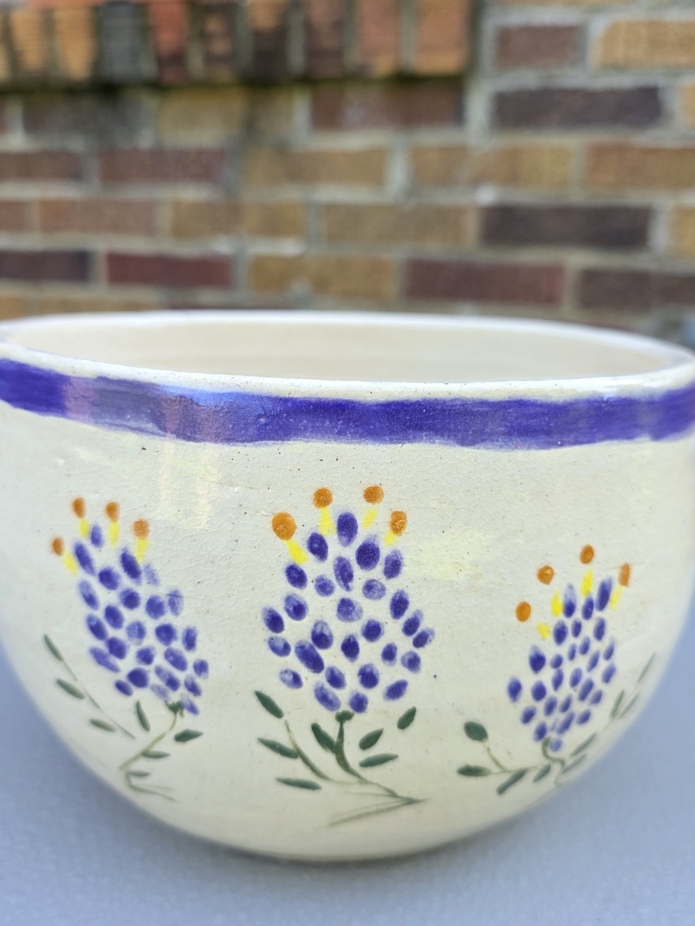 VTG Texas Bluebonnet Stoneware Folk Art Pottery Bowl